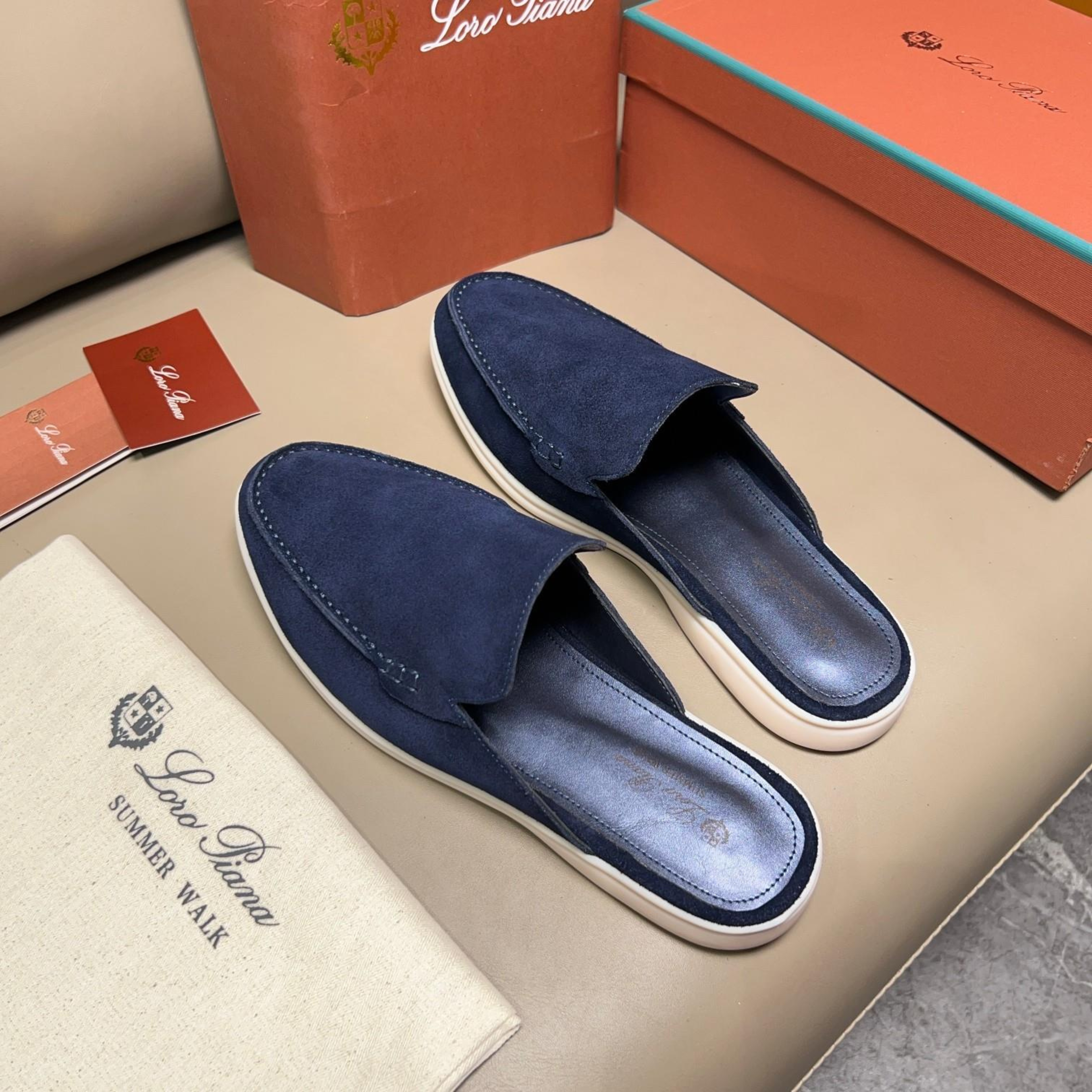 Loro Piana Babouche Walk Suede Slippers -  Racing Blue (003)
