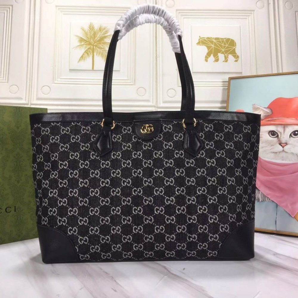 Gucci Black Medium GG Denim Ophidia Shopping Tote – Black